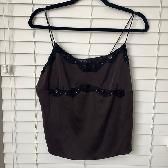 Vintage 90s brown silk tank top either sequin details - Picture 1 of 6